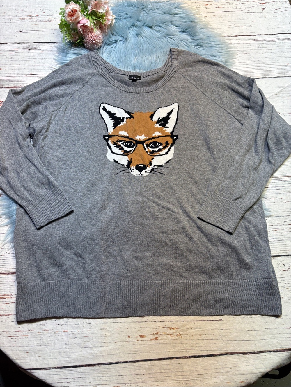 Torrid Gray Fox Sweater with Glasses Motif Sz 4X
